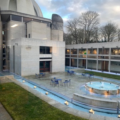 Iconic dome and water feature of New Hall